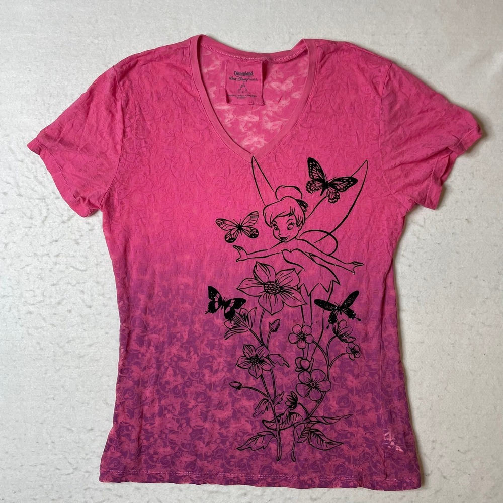 Disneyland Tinker Bell Floral Butterfly Ombre‎ V Neck T Shirt Women's Size L
